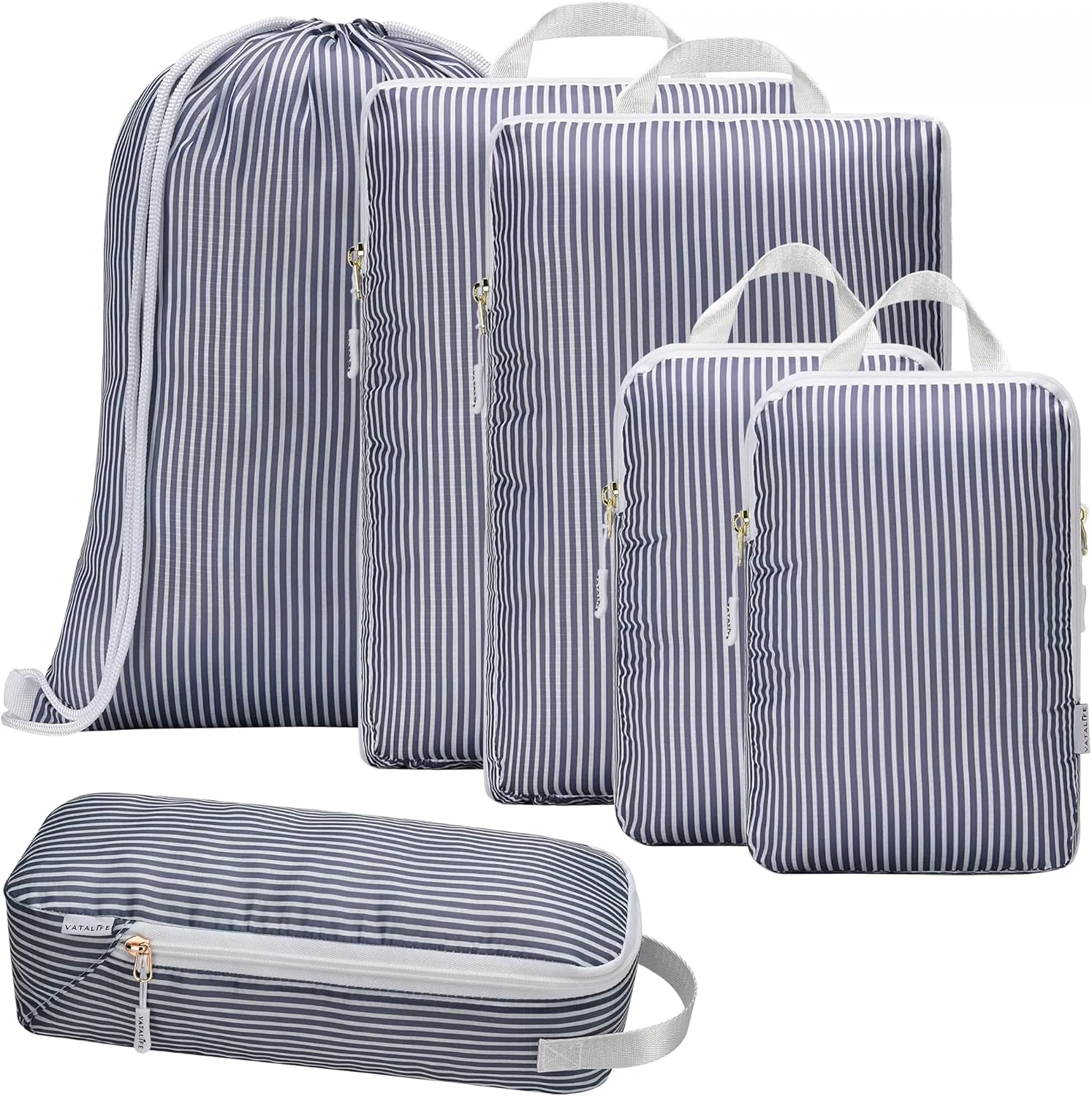 Compression Packing Cubes for Carry On Luggage - Ultralight Water Resistant Suitcase Organizer & Space Saver Bags for Travel with Drawstring Backpack/Laundry Bag, 6pc Set - Grey Stripe