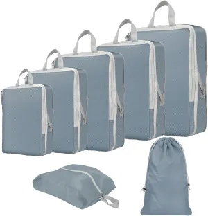 Compression Packing Cubes for Travel Carry on Suitcase Organizer Bags 7set Expandable Travel bags Organizer for Luggage Compression Bags Travel Essentials   Shoe Bag, Laundry Bag(Blue & Grey)