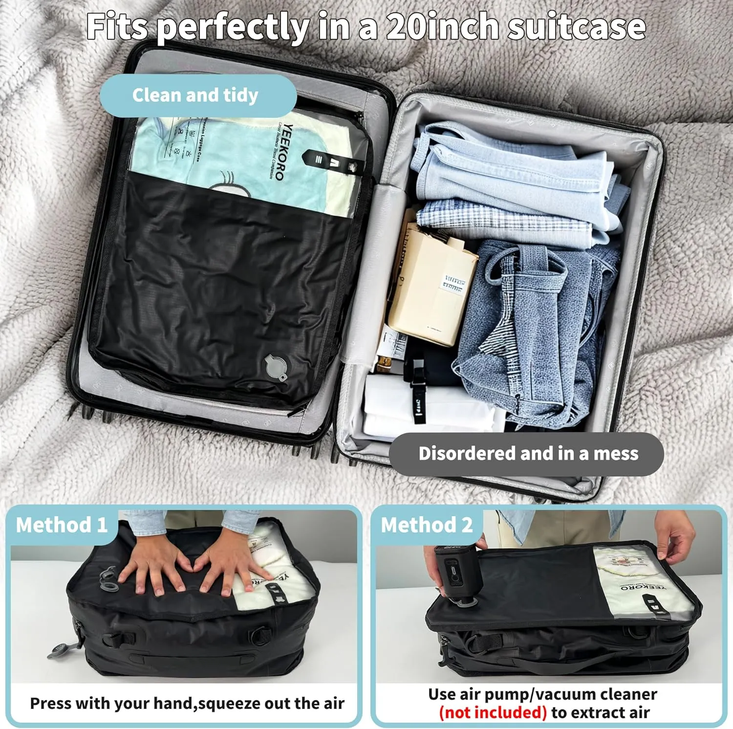 Compression Packing Cubes for Travel, Vacuum Bags for Business Trip, Professional IP67 Reusable Packing Cubes for 20 inch Suitcases, Organizer Bags for Luggage for Women & Men(2 PACK, No Pump)
