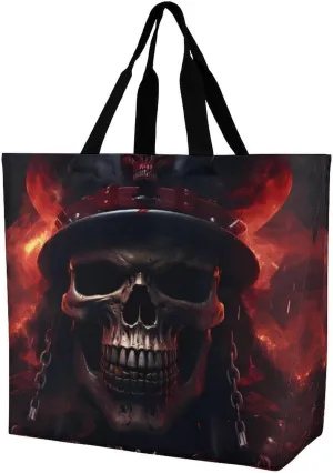 Cool Flaming Skull Reusable Grocery Bag Foldable Shopping Bags Tote Bags Shoulder Bag for Work Travel 40x40x16cm