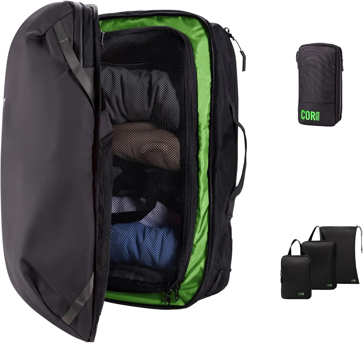 COR Surf Carry On Travel Backpack Bundle | Island Hopper Travel Backpack with Toiletry Bag and Compression Packing Cube Set (40L, Black)