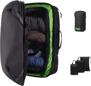 COR Surf Carry On Travel Backpack Bundle | Island Hopper Travel Backpack with Toiletry Bag and Compression Packing Cube Set (40L, Black)