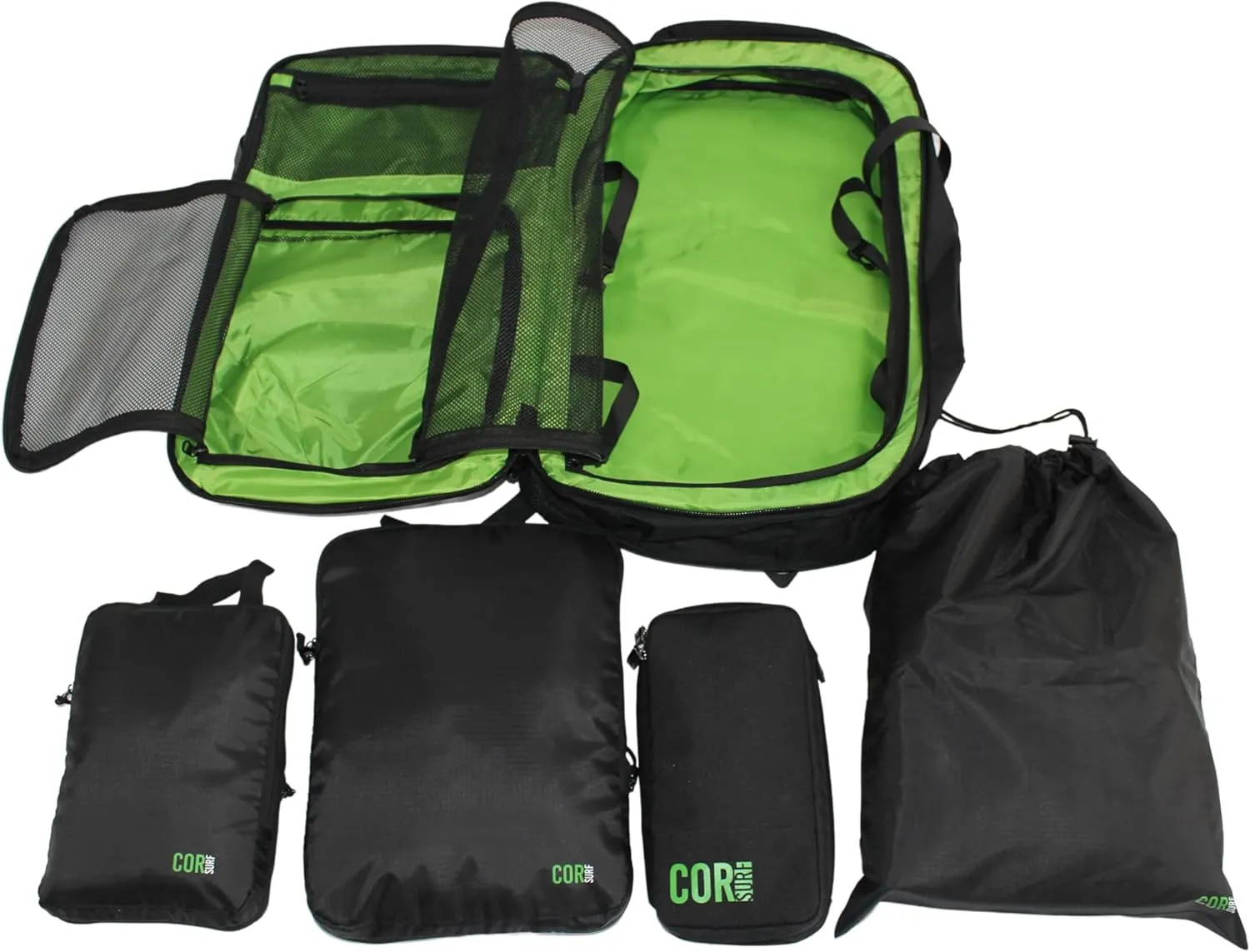 COR Surf Carry On Travel Backpack Bundle | Island Hopper Travel Backpack with Toiletry Bag and Compression Packing Cube Set (40L, Black)