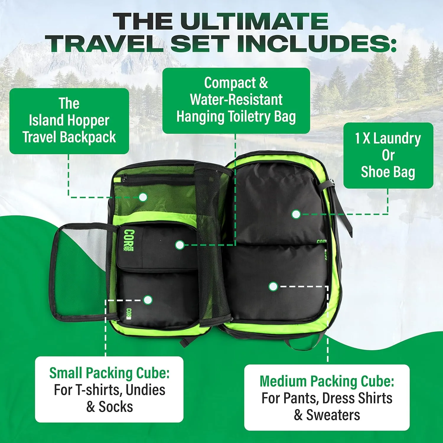 COR Surf Carry On Travel Backpack Bundle | Island Hopper Travel Backpack with Toiletry Bag and Compression Packing Cube Set (40L, Black)