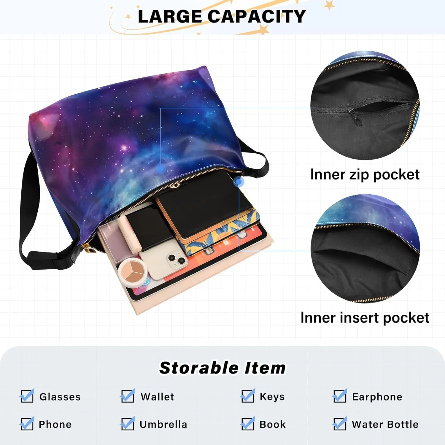 Cosmic Tree on Starry Night Sky Woman Large Cross Body Bag, Leather Shoulder Bag, Cross Body Faux Leather Bag