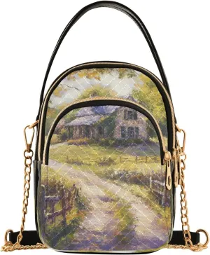 Cottage Winding Road Yellow Multi Pockets Crossbody Bags for Women Zip Cell Phone Purse Wallet Bag with Detachable Shoulder Strap Cross Body Handbag for Women Girls Trendy Gift Traveling Shopping