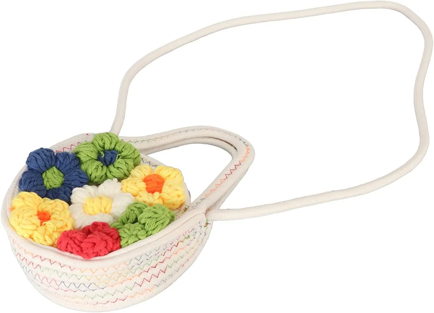 Cotton Woven Handbag with Flower, Soft Handle and Rope Knitting Shoulder Strap, Ideal for Beach, Shopping and Travel