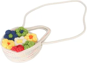 Cotton Woven Handbag with Flower, Soft Handle and Rope Knitting Shoulder Strap, Ideal for Beach, Shopping and Travel