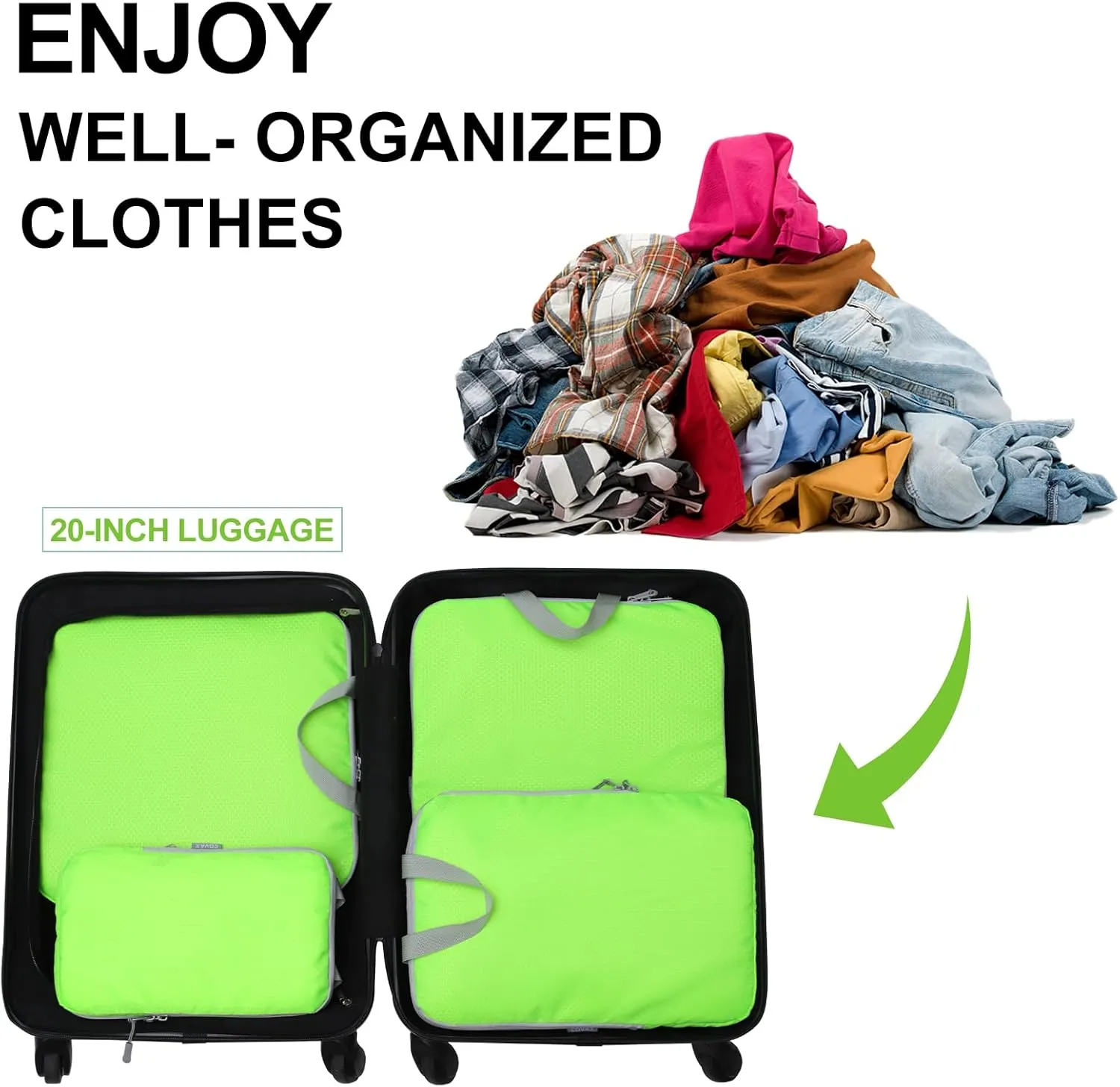 COVAX 4 Set Compression Packing Cubes, Travel Luggage Organizers and Storage Packing Cubes, Fluorescent Green