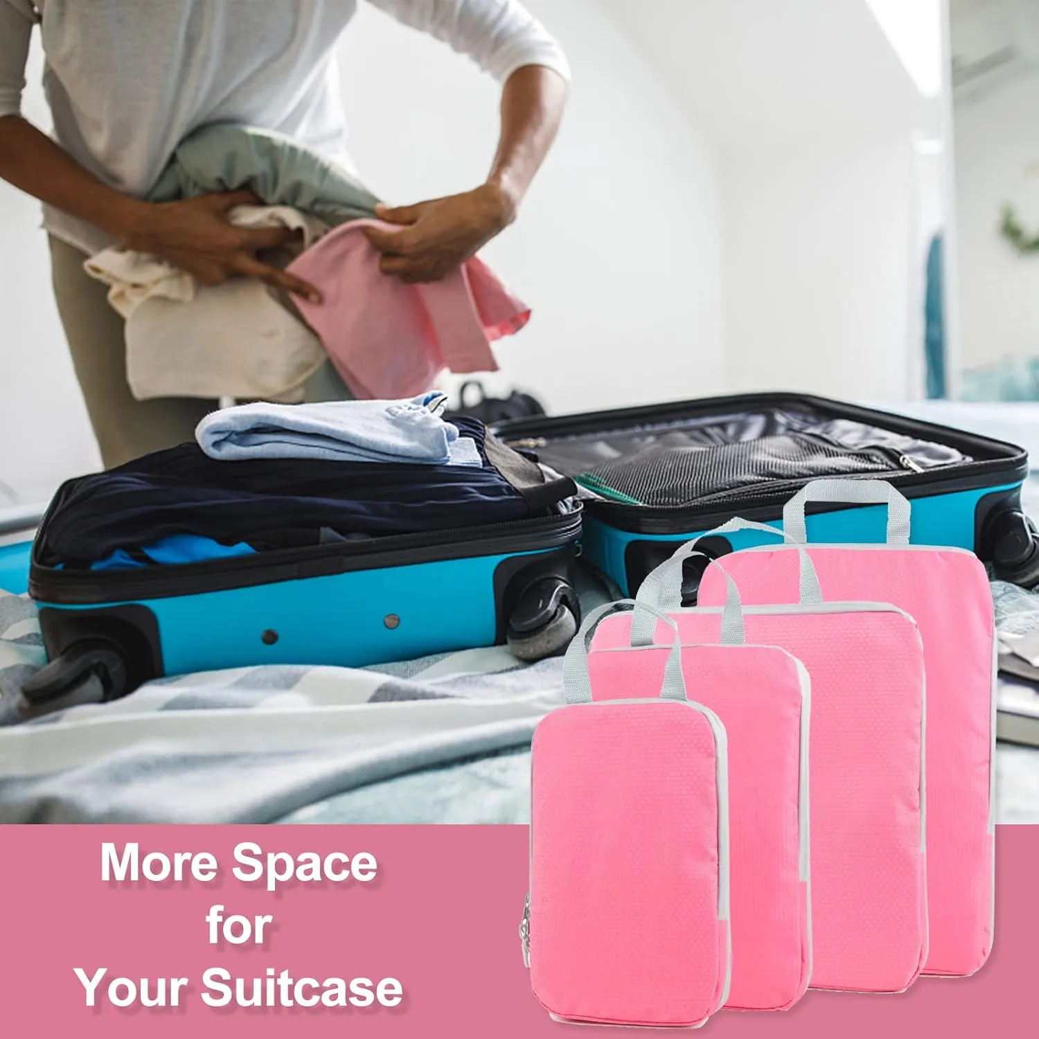 COVAX 4 Set Compression Packing Cubes, Travel Luggage Organizers and Storage Packing Cubes (Pink)
