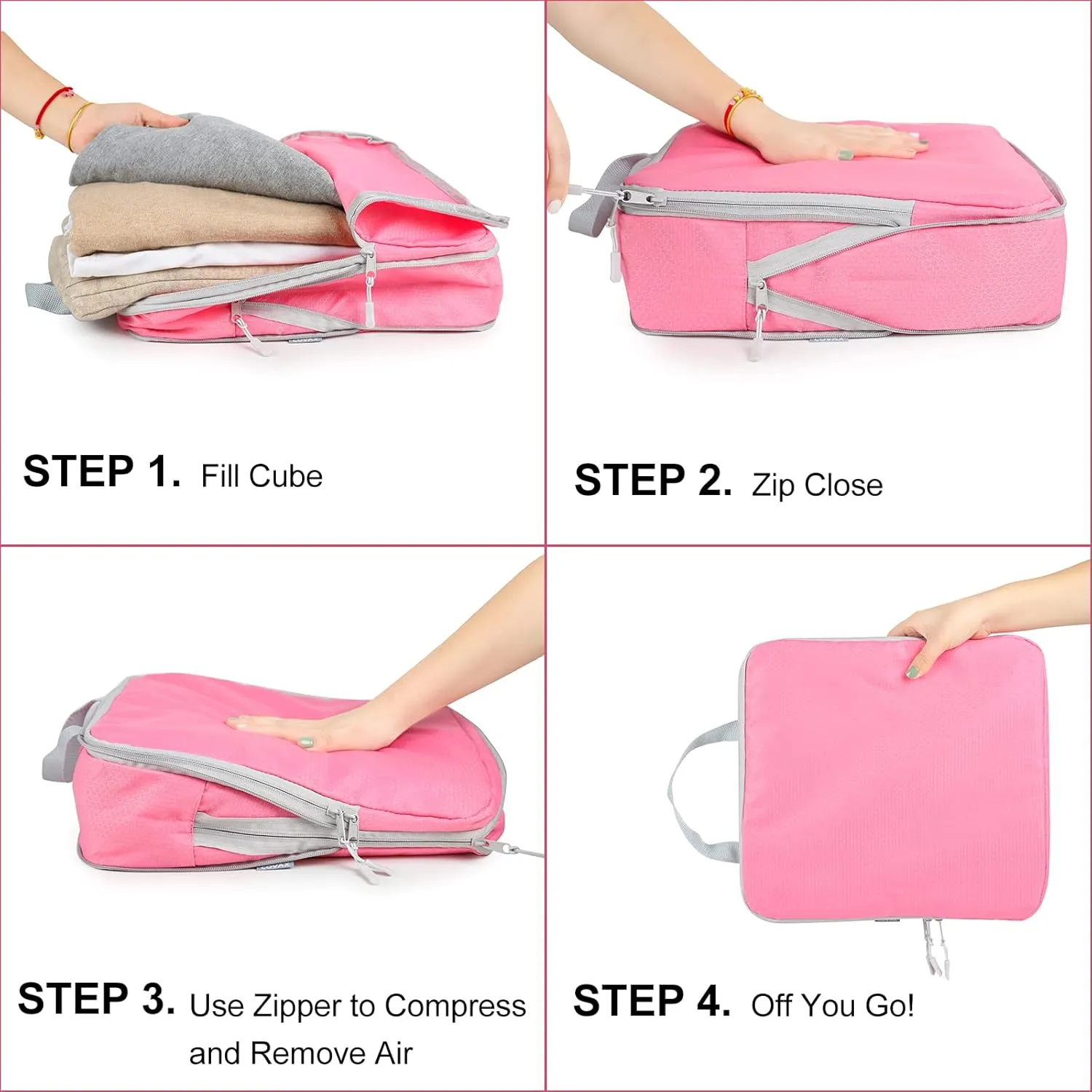 COVAX 4 Set Compression Packing Cubes, Travel Luggage Organizers and Storage Packing Cubes (Pink)