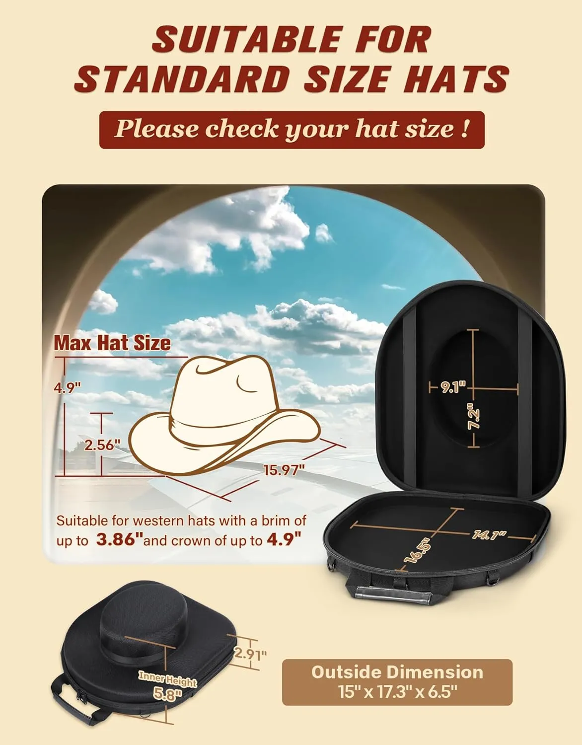 Cowboy Hat Box, Cowboy Hat Case for Travel, Crush Proof Hat Storage Carrier with Shoulder Starp & Hat Brush, for Cowboy/Fedora/Panama Hat (Internal Dimensions:16.5" x 14.1" x 5.4")