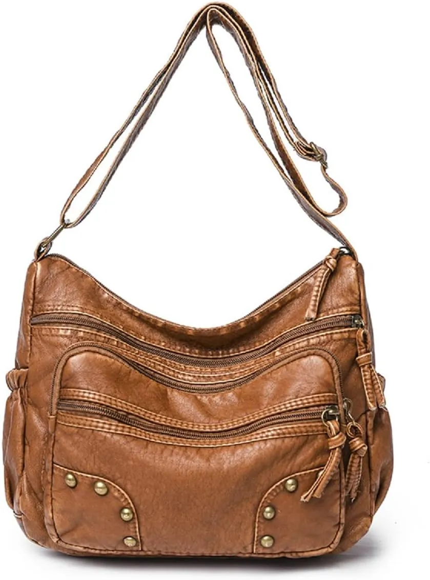 Crossbody Bag for Women Multi Pocket Shoulder Bag Medium Travel Purse Soft Washed Leather Satchel