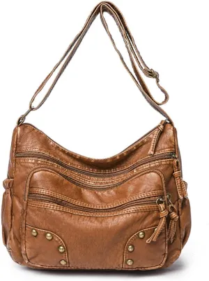 Crossbody Bag for Women Multi Pocket Shoulder Bag Medium Travel Purse Soft Washed Leather Satchel