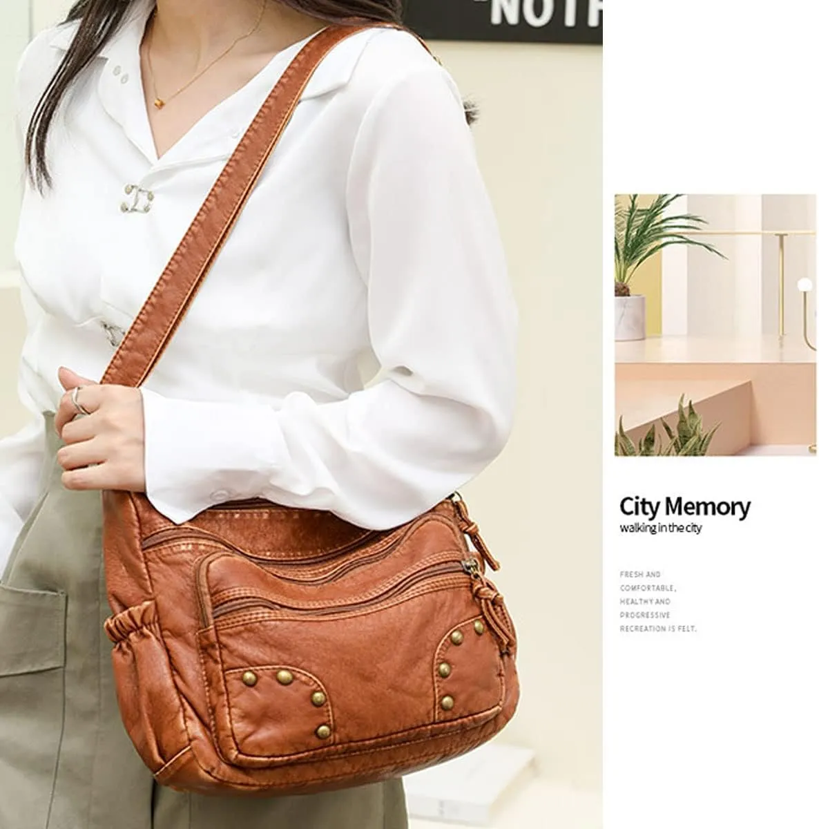 Crossbody Bag for Women Multi Pocket Shoulder Bag Medium Travel Purse Soft Washed Leather Satchel
