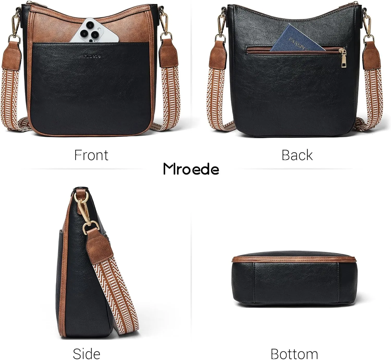 Crossbody Bags for Women Vegan Leather Hobo Purses Travel Shoulder Handbags with Detachable Wide Guitar Strap