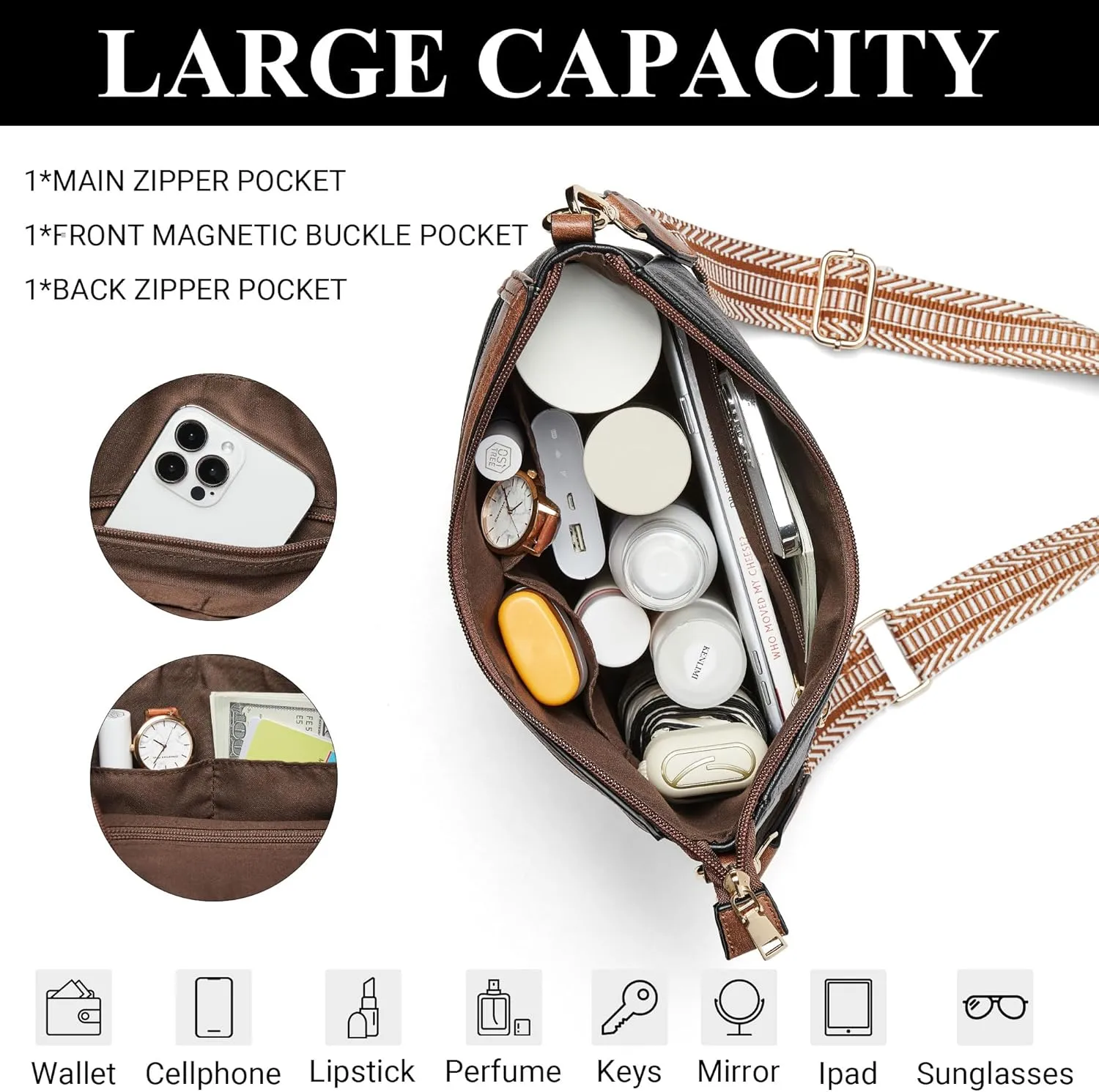 Crossbody Bags for Women Vegan Leather Hobo Purses Travel Shoulder Handbags with Detachable Wide Guitar Strap