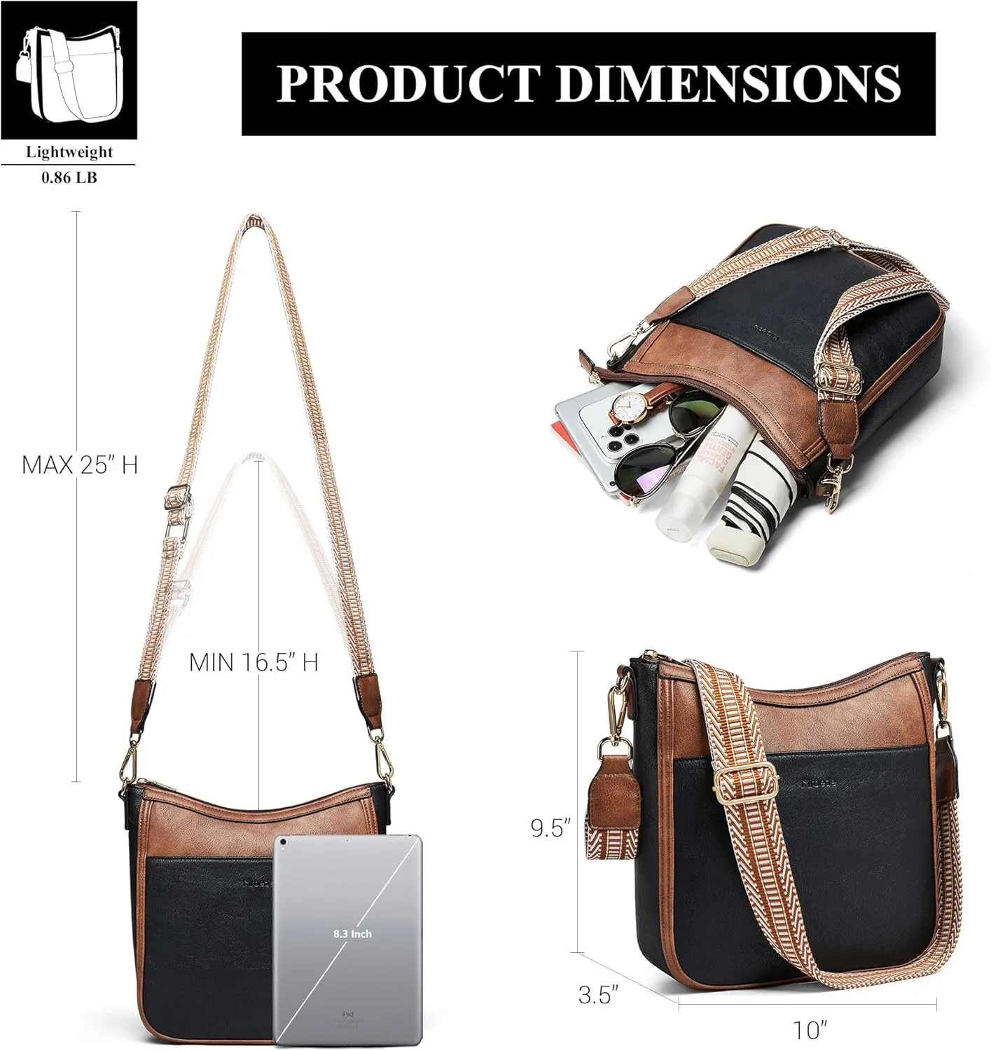Crossbody Bags for Women Vegan Leather Hobo Purses Travel Shoulder Handbags with Detachable Wide Guitar Strap