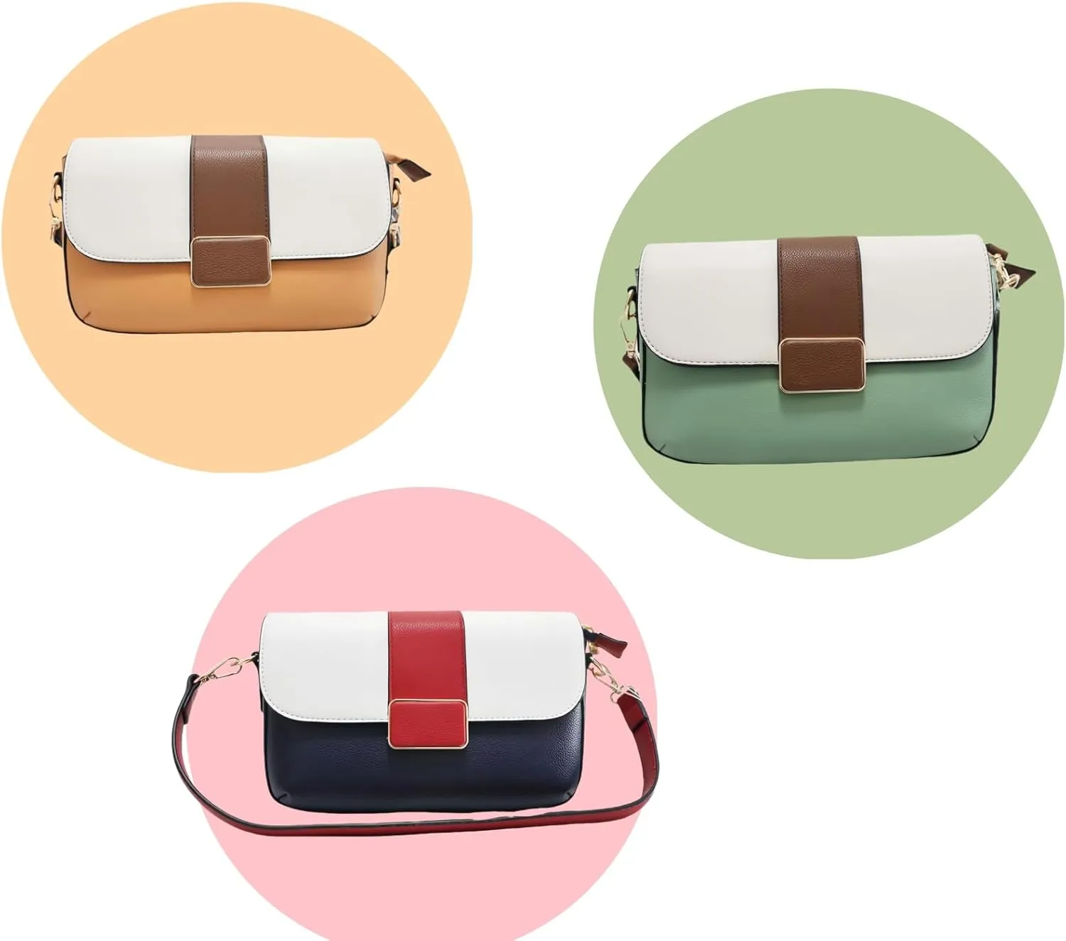 Crossbody Bags for Women, Women's Color-Block PU Leather Shoulder Bags Medium Size with Two Straps