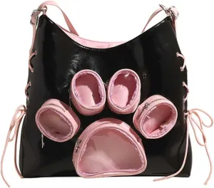 Cute cat paw shaped shoulder bag with large capacity for women, featuring a transparent doll display window