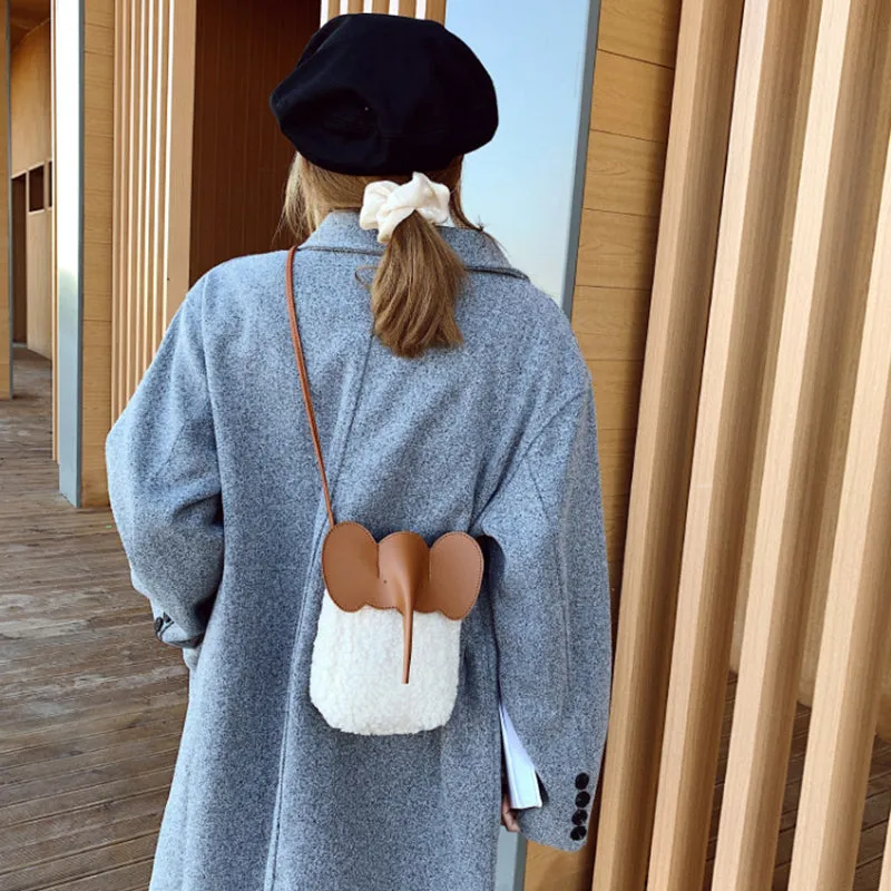 Cute Elephant Trunk Design Crossbody Shoulder Bags, Winter Lamb Mobile Phone Bag for Women