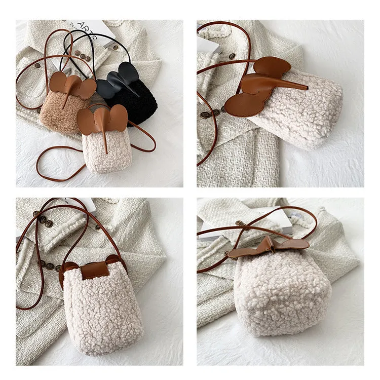 Cute Elephant Trunk Design Crossbody Shoulder Bags, Winter Lamb Mobile Phone Bag for Women