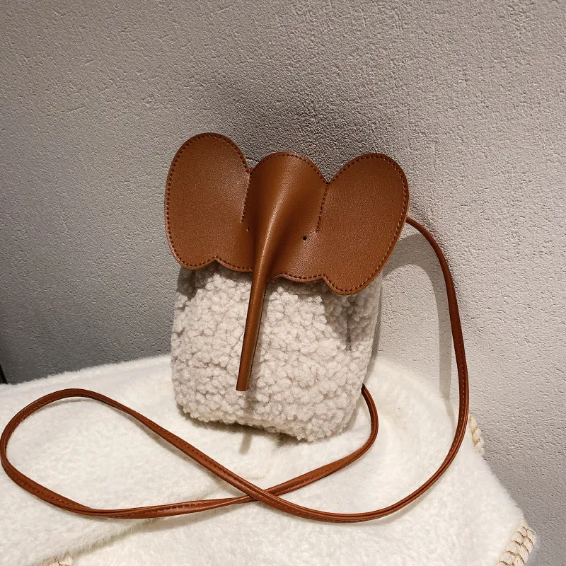 Cute Elephant Trunk Design Crossbody Shoulder Bags, Winter Lamb Mobile Phone Bag for Women