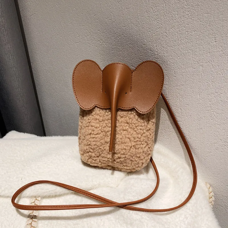 Cute Elephant Trunk Design Crossbody Shoulder Bags, Winter Lamb Mobile Phone Bag for Women
