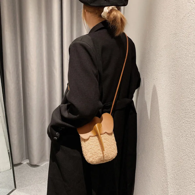 Cute Elephant Trunk Design Crossbody Shoulder Bags, Winter Lamb Mobile Phone Bag for Women
