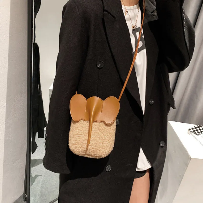 Cute Elephant Trunk Design Crossbody Shoulder Bags, Winter Lamb Mobile Phone Bag for Women