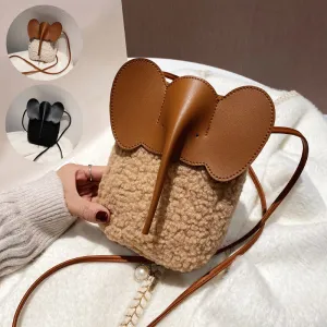 Cute Elephant Trunk Design Crossbody Shoulder Bags, Winter Lamb Mobile Phone Bag for Women