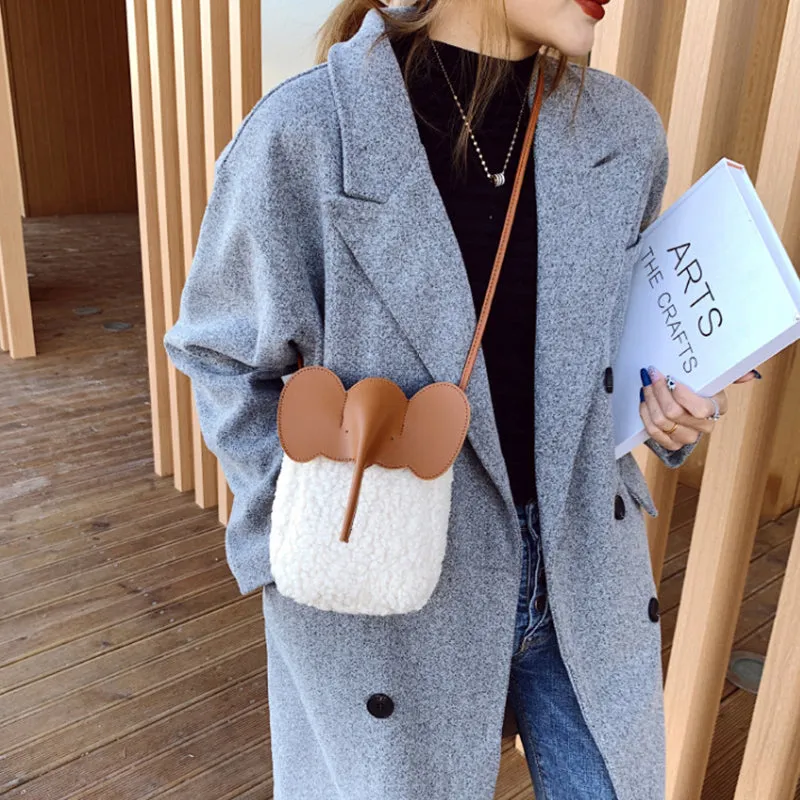 Cute Elephant Trunk Design Crossbody Shoulder Bags, Winter Lamb Mobile Phone Bag for Women