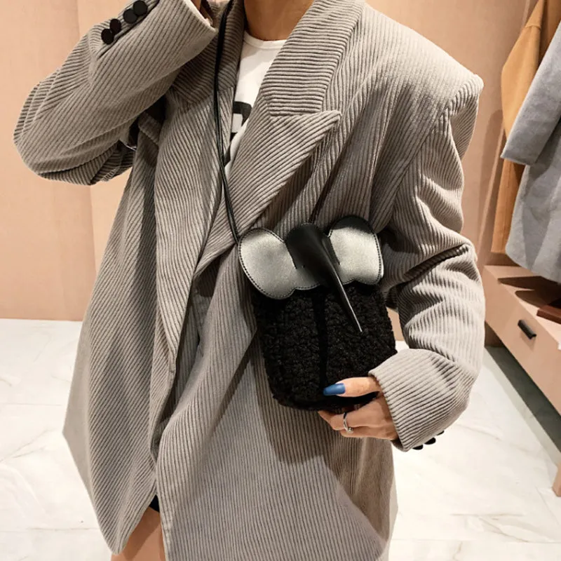 Cute Elephant Trunk Design Crossbody Shoulder Bags, Winter Lamb Mobile Phone Bag for Women