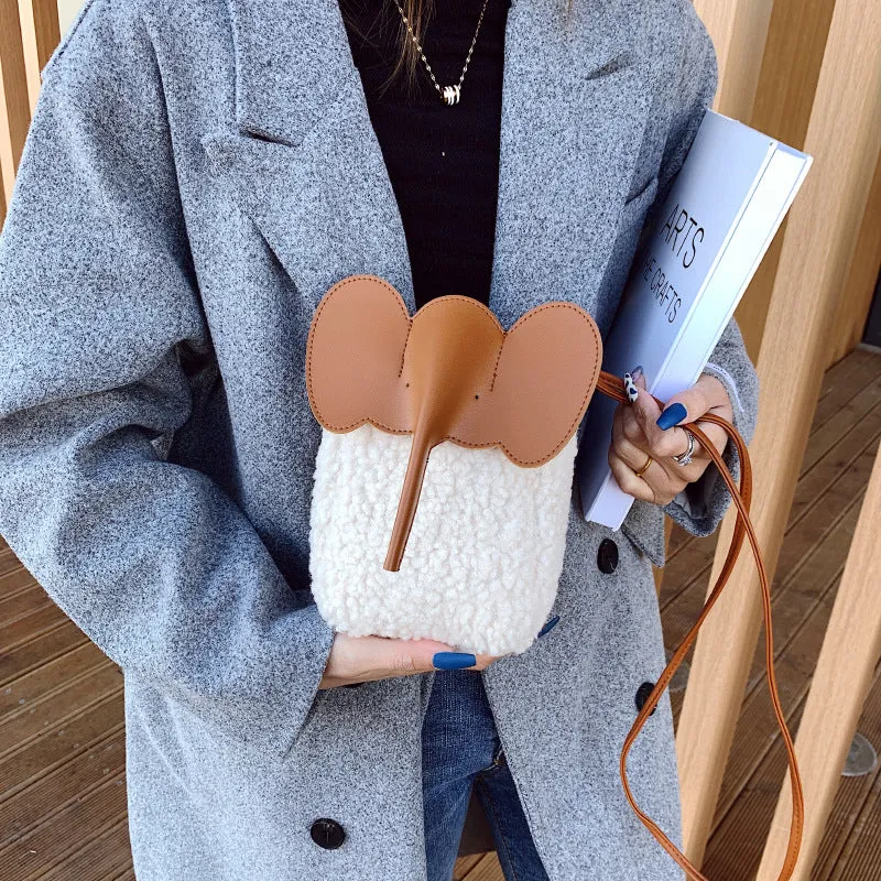 Cute Elephant Trunk Design Crossbody Shoulder Bags, Winter Lamb Mobile Phone Bag for Women