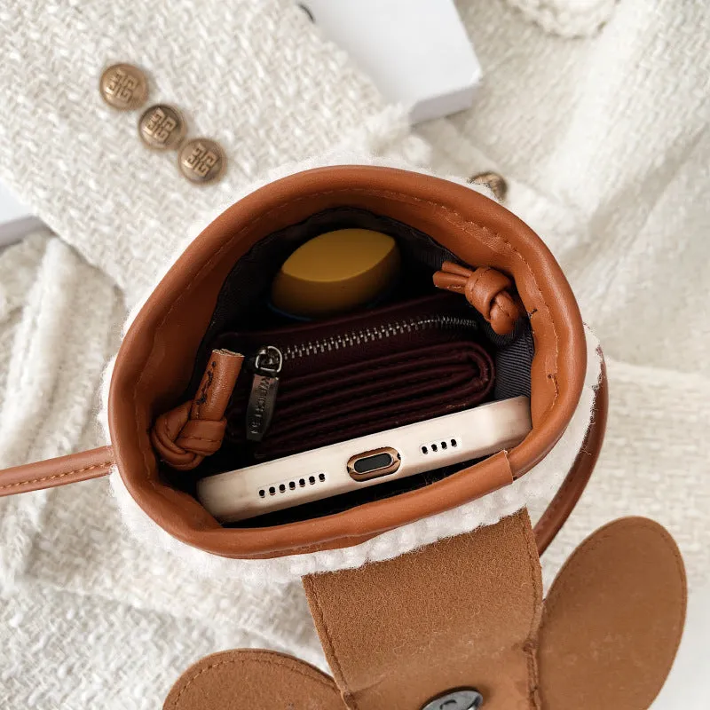 Cute Elephant Trunk Design Crossbody Shoulder Bags, Winter Lamb Mobile Phone Bag for Women