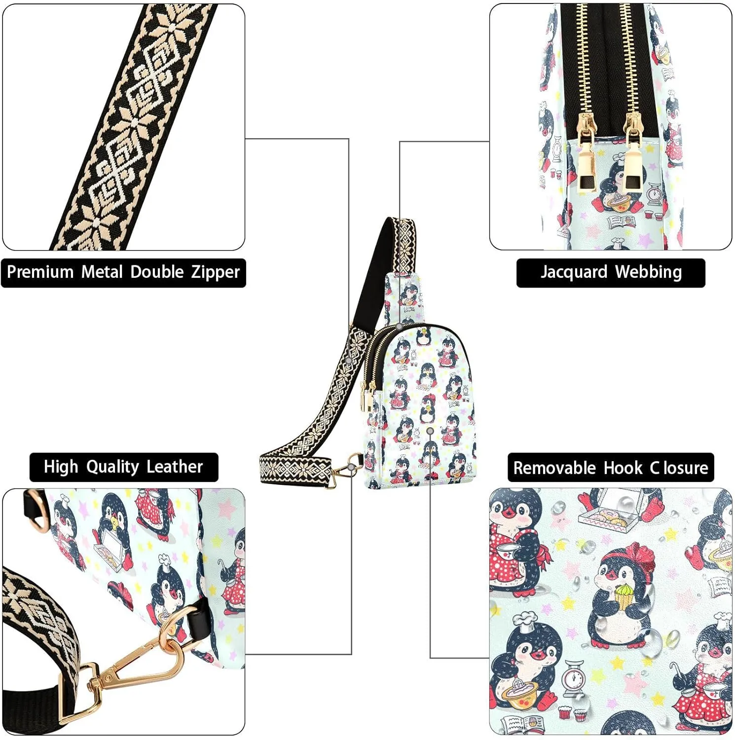 Cute Penguins Trendy Crossbody Bag Fashion Waist Packs Cooking Animal Cross Body Leather Chest Bag for Women Fanny Pack Travel Outdoor Crossbody Phone Bag