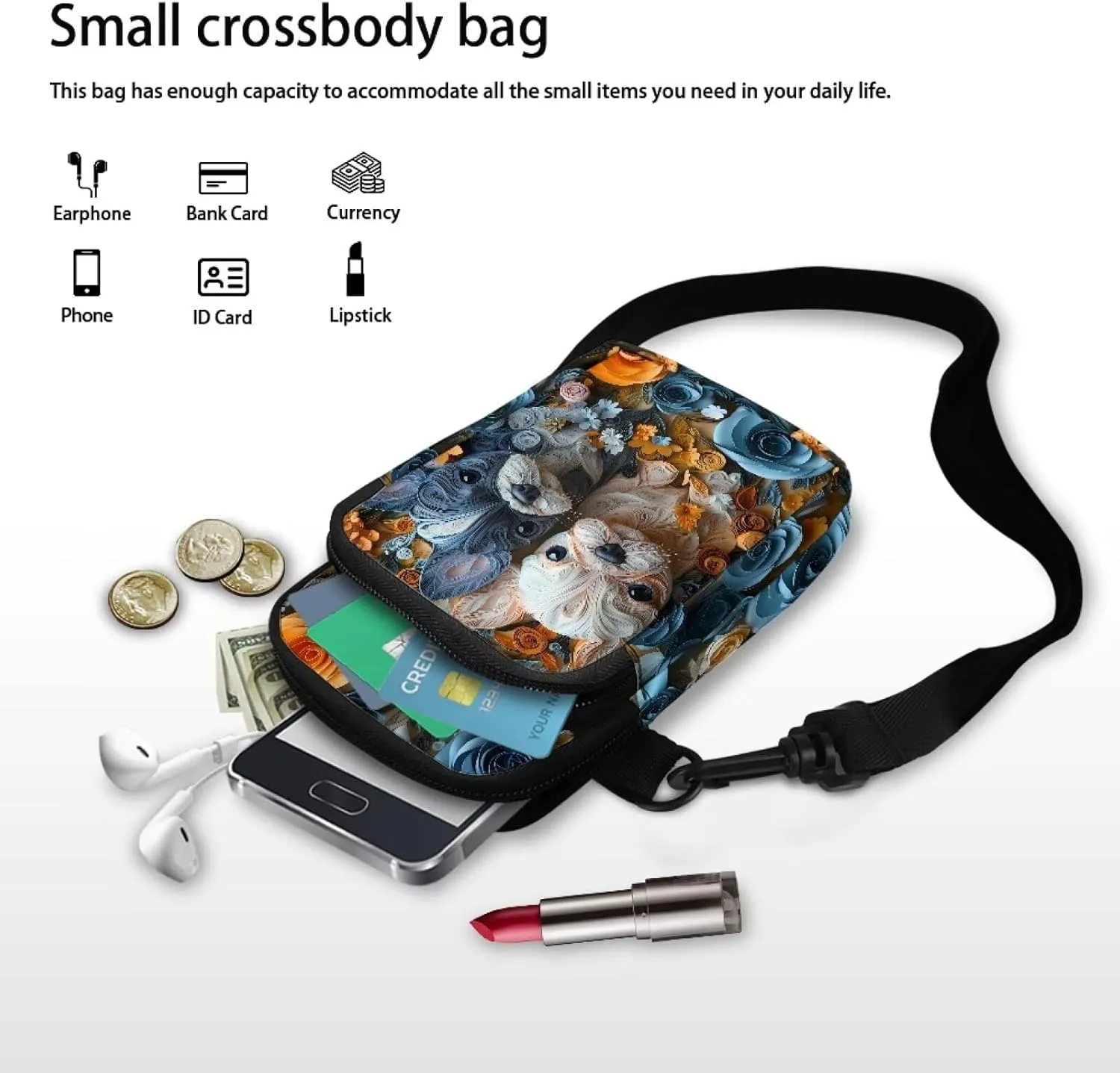 Dachshund Small Crossbody Bag for Women, Jamaica Flag Mini Cell Phone Purse, Bird Dinosaur Portable Shoulder Handbag