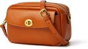 DAILANDO Small Genuine Leather Crossbody Bag for Women Vintage 2 Zipper Shoulder Camera Purse With Twist Lock