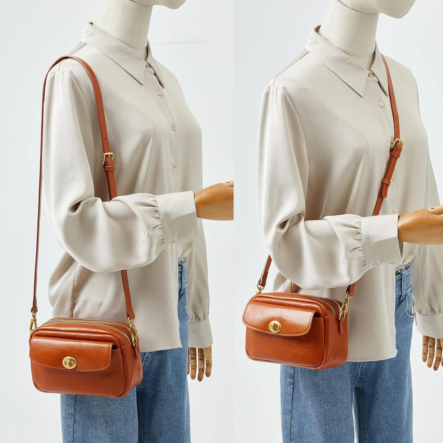 DAILANDO Small Genuine Leather Crossbody Bag for Women Vintage 2 Zipper Shoulder Camera Purse With Twist Lock