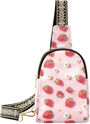 Daisy Strawberry Stylish PU Leather Waist Pack Soft Waterproof Crossbody Bag with Metal Hardware Fits Keys Phone Passport for Work Walks Music Fests & Trips