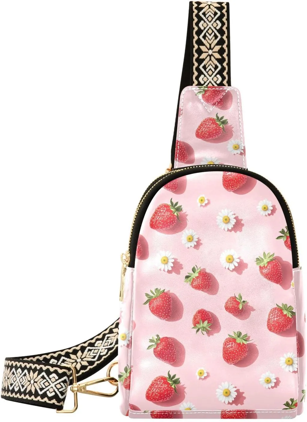 Daisy Strawberry Stylish PU Leather Waist Pack Soft Waterproof Crossbody Bag with Metal Hardware Fits Keys Phone Passport for Work Walks Music Fests & Trips