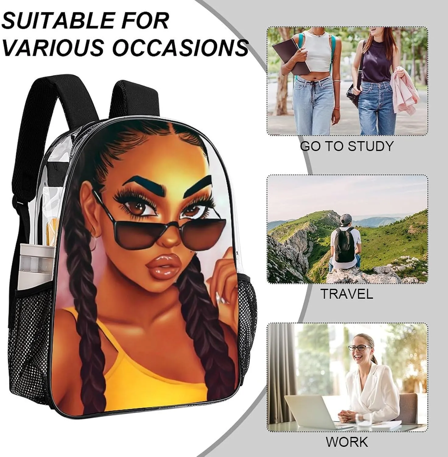 Daypack Backpack Anti-Theft Multipurpose Big Capacity Bookbag - Abstract Fashion Black Women Art African American Women Art Business Computer Bag Transparent Bag
