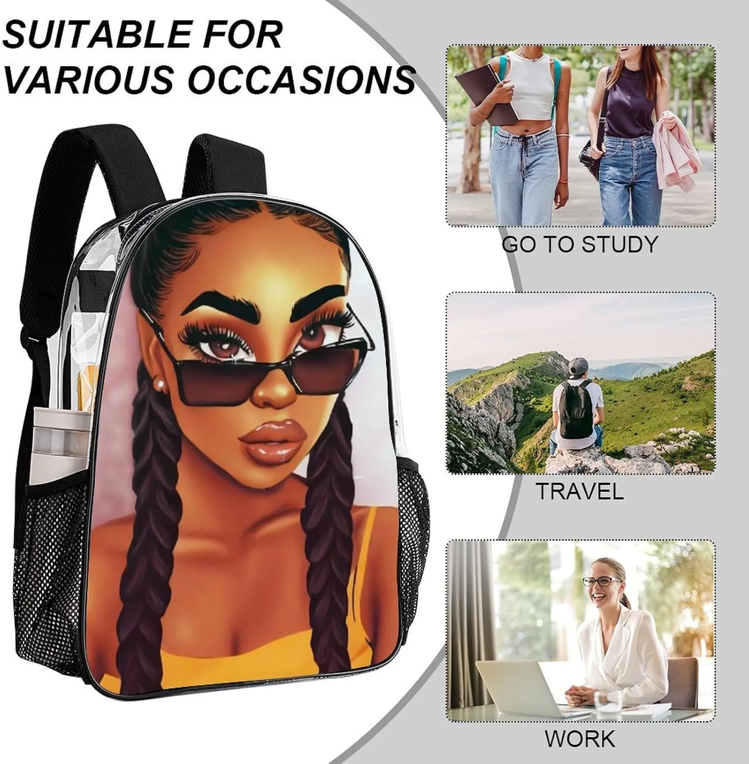 Daypack Backpack Multipurpose Anti-Theft Large Capacity Bookbag - Abstract Fashion Black Women Art African American Women Art Travel Hiking & Camping Rucksack Transparent Bag