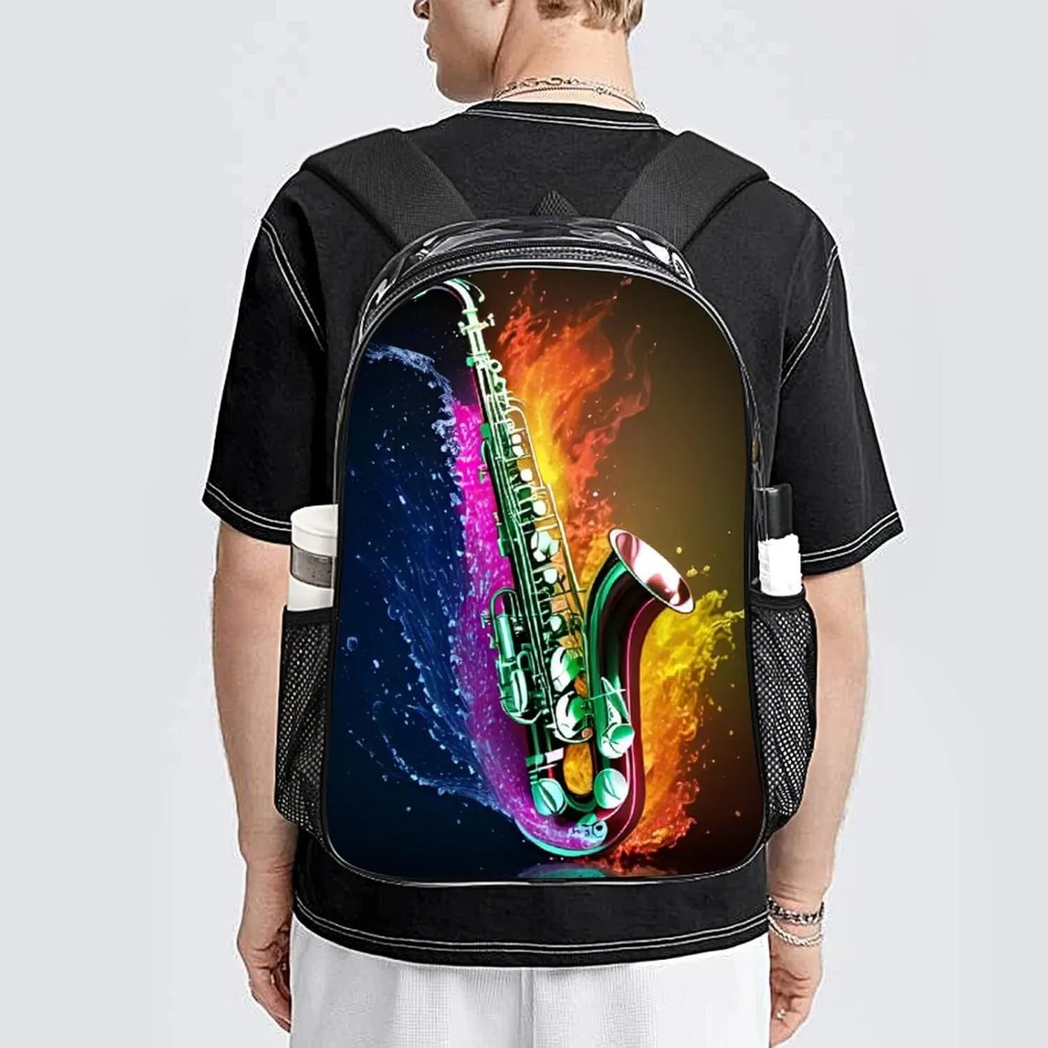 Daypack Bookbag Anti-Theft Multipurpose Large Capacity Bookbag - Saxophone In Fire And Water Art Travel Hiking & Camping Rucksack Transparent Bag