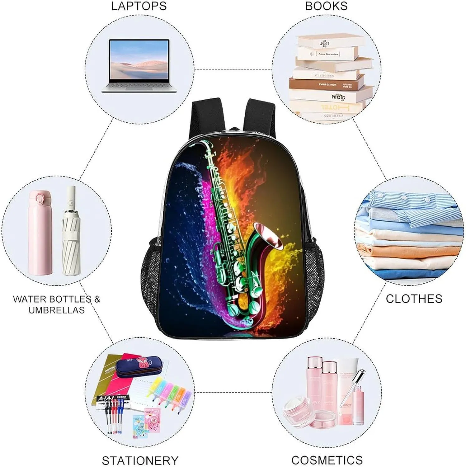 Daypack Bookbag Anti-Theft Multipurpose Large Capacity Bookbag - Saxophone In Fire And Water Art Travel Hiking & Camping Rucksack Transparent Bag