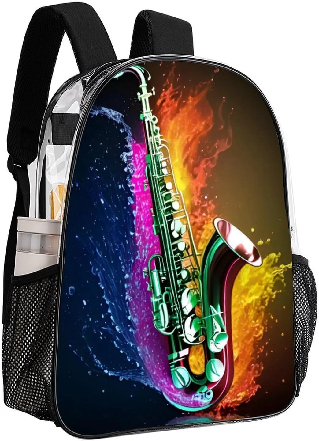 Daypack Bookbag Anti-Theft Multipurpose Large Capacity Bookbag - Saxophone In Fire And Water Art Travel Hiking & Camping Rucksack Transparent Bag