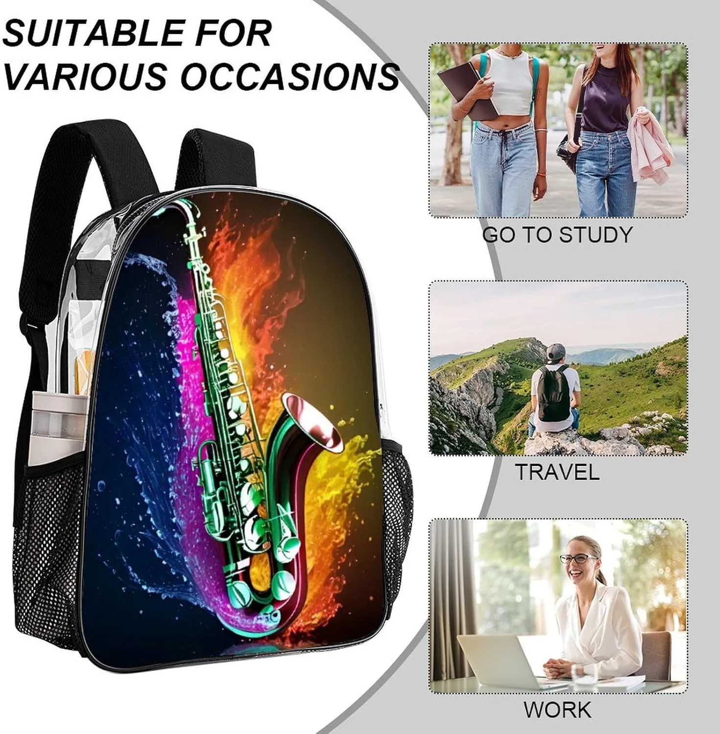 Daypack Bookbag Anti-Theft Multipurpose Large Capacity Bookbag - Saxophone In Fire And Water Art Travel Hiking & Camping Rucksack Transparent Bag