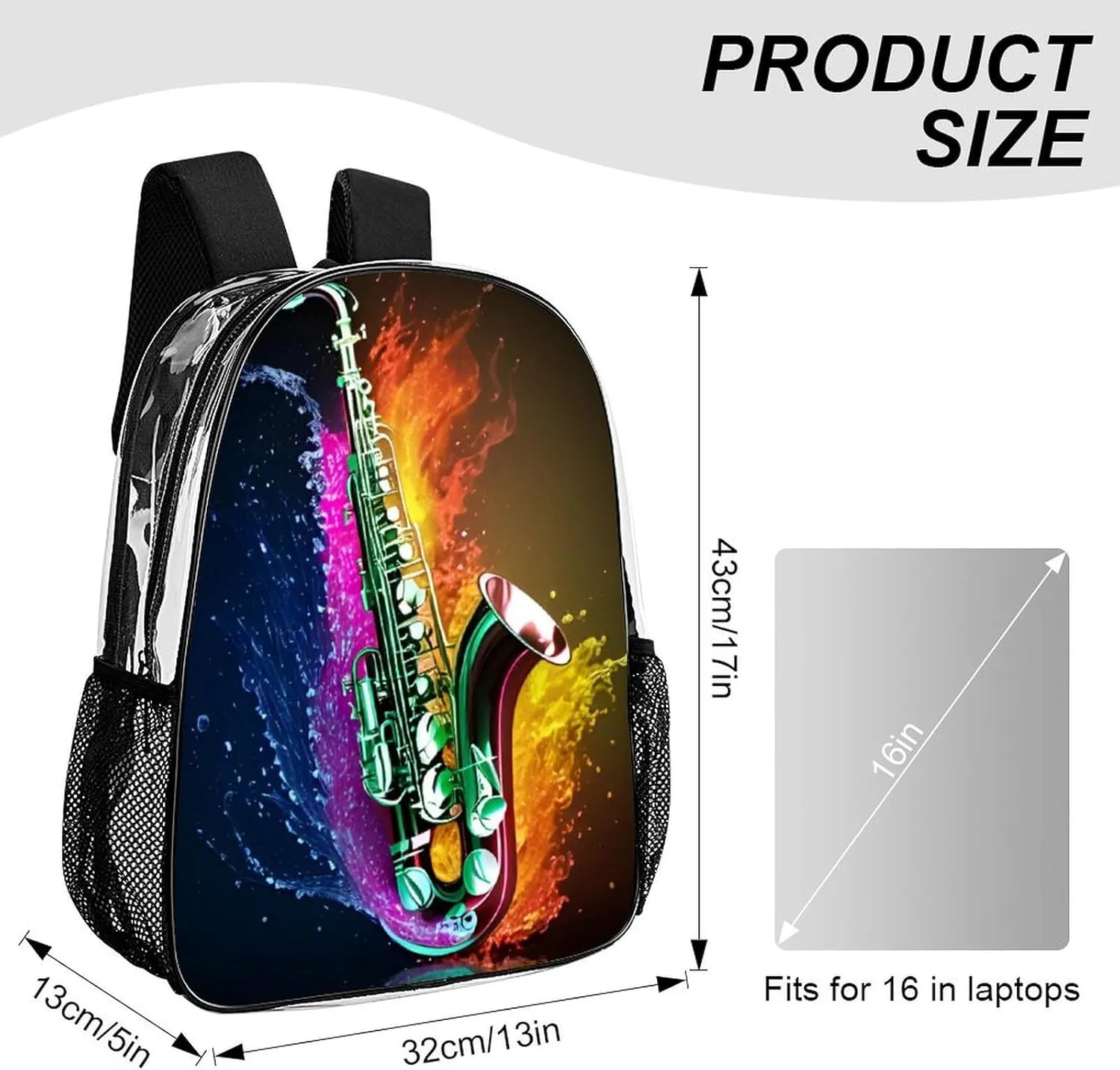 Daypack Bookbag Anti-Theft Multipurpose Large Capacity Bookbag - Saxophone In Fire And Water Art Travel Hiking & Camping Rucksack Transparent Bag