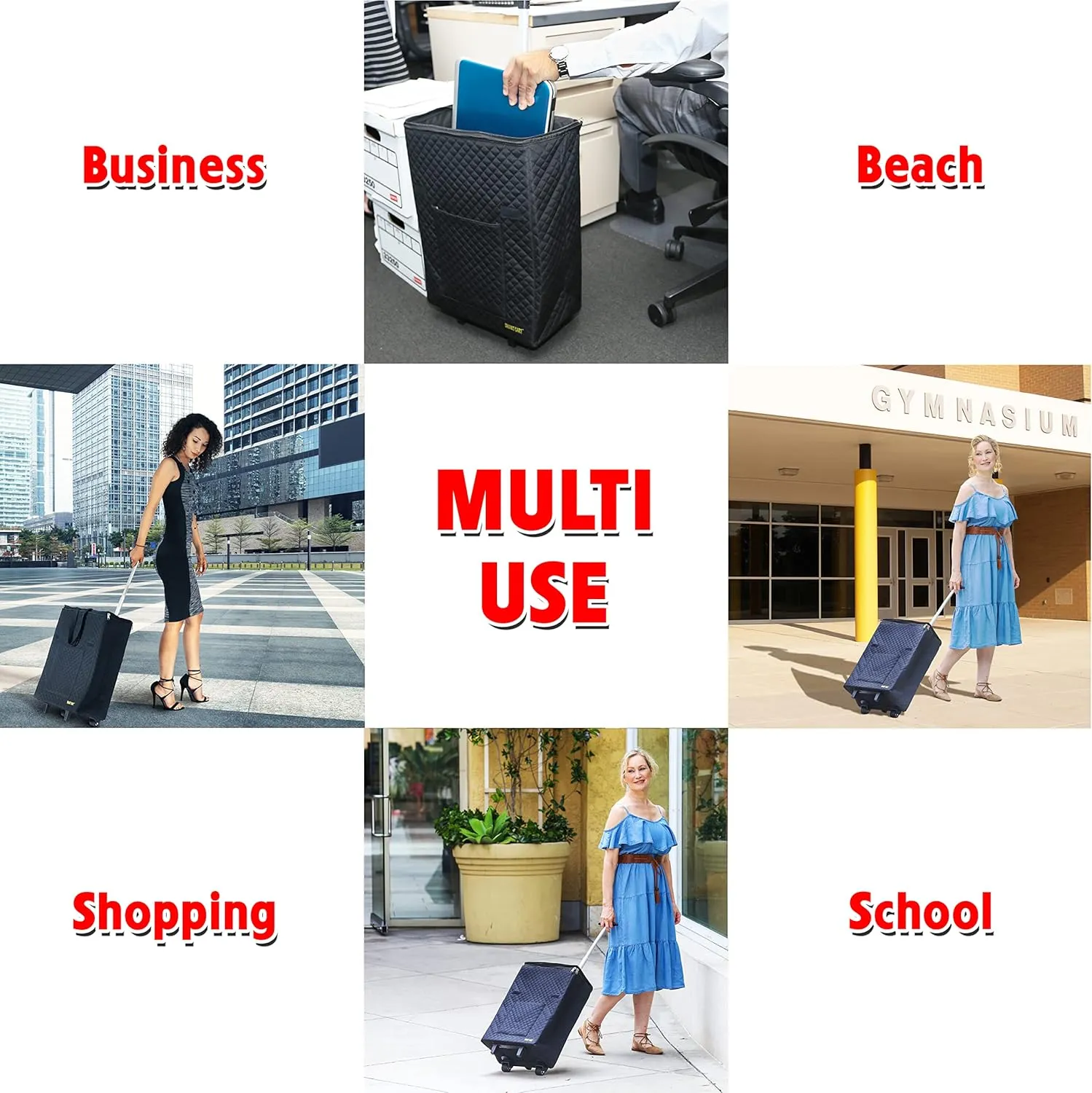 dbest products Smart Cart Shopper Tote Bag Women Teacher Wheeled Roller Quilted Collapsible Grocery Shopping Rolling Trolley, Black