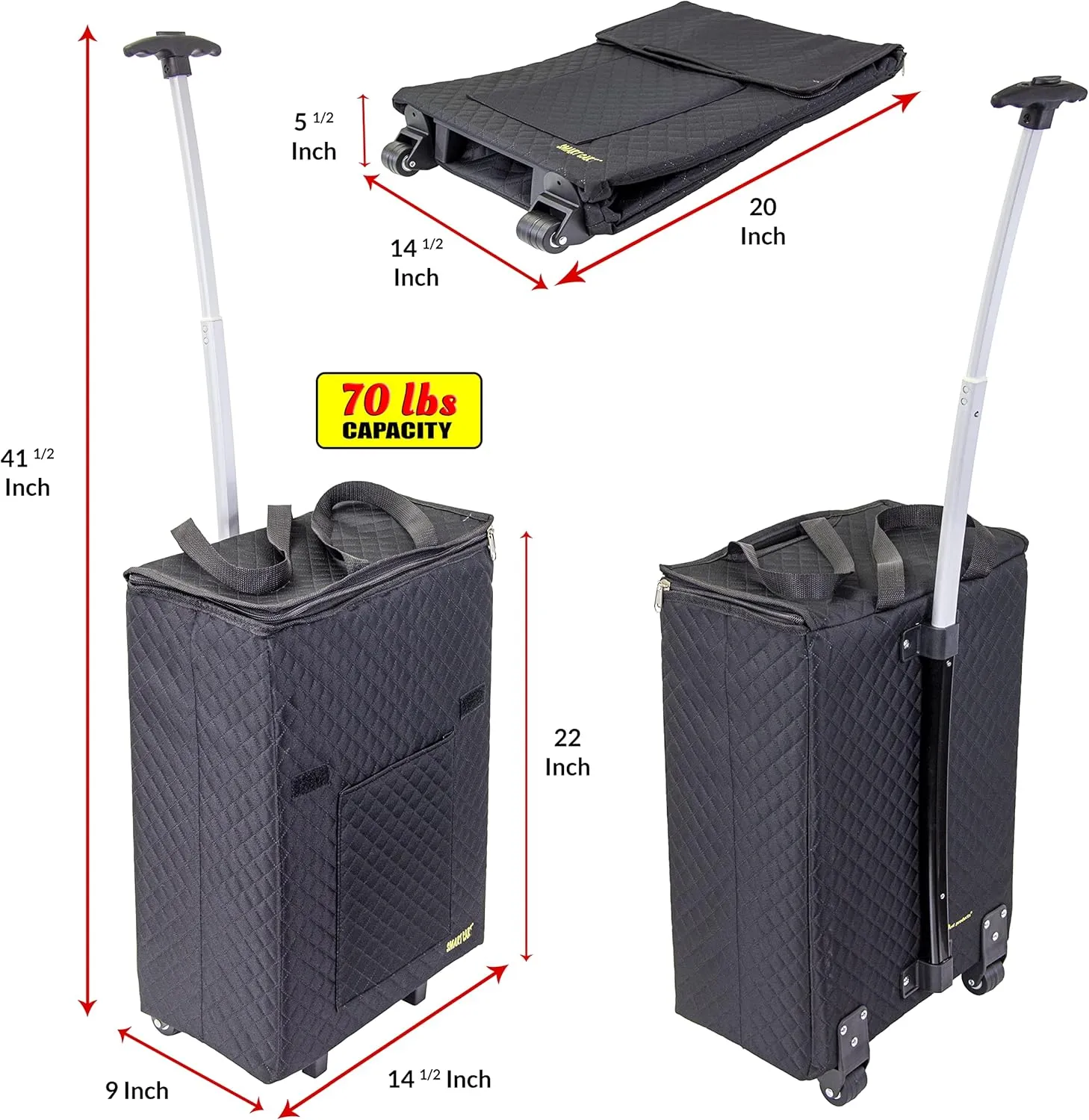 dbest products Smart Cart Shopper Tote Bag Women Teacher Wheeled Roller Quilted Collapsible Grocery Shopping Rolling Trolley, Black